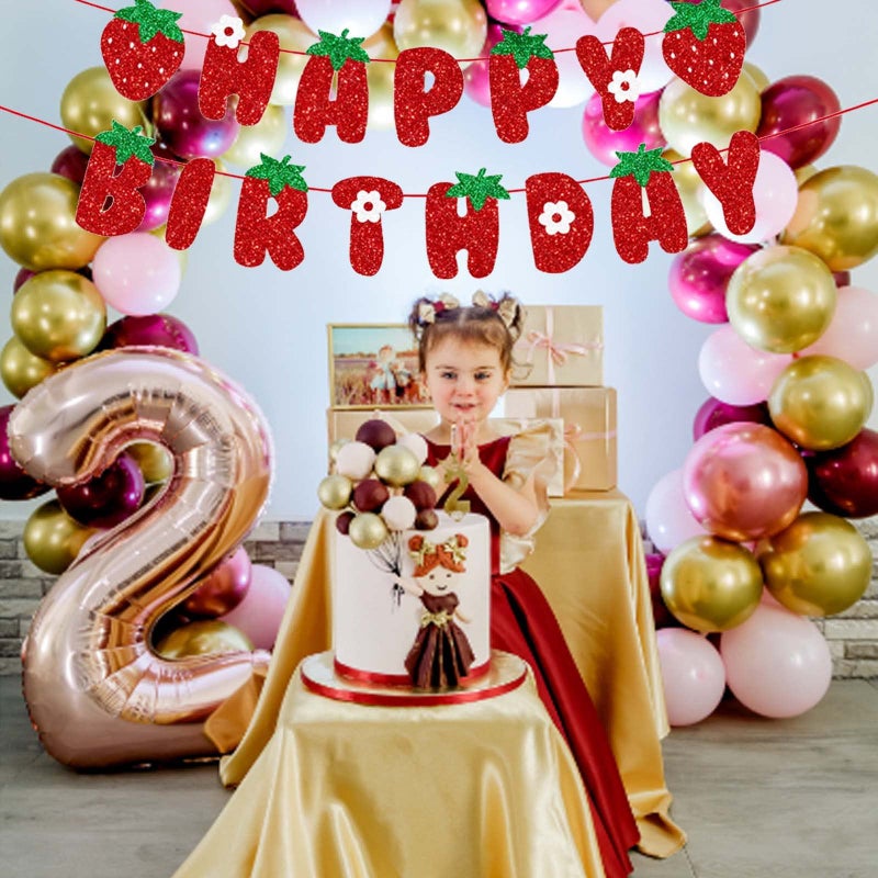 BIEUFBJI Strawberry Happy Birthday Banner, Glitter Strawberry Banner, Strawberry Theme Birthday Garland for Birthday Party Hanging Decorations - Image 5
